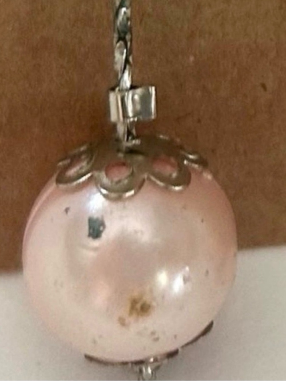 Vintage Murano Style Pink Faux Pearl Beaded Dangle Earrings Silver Tone - Picture 6 of 8